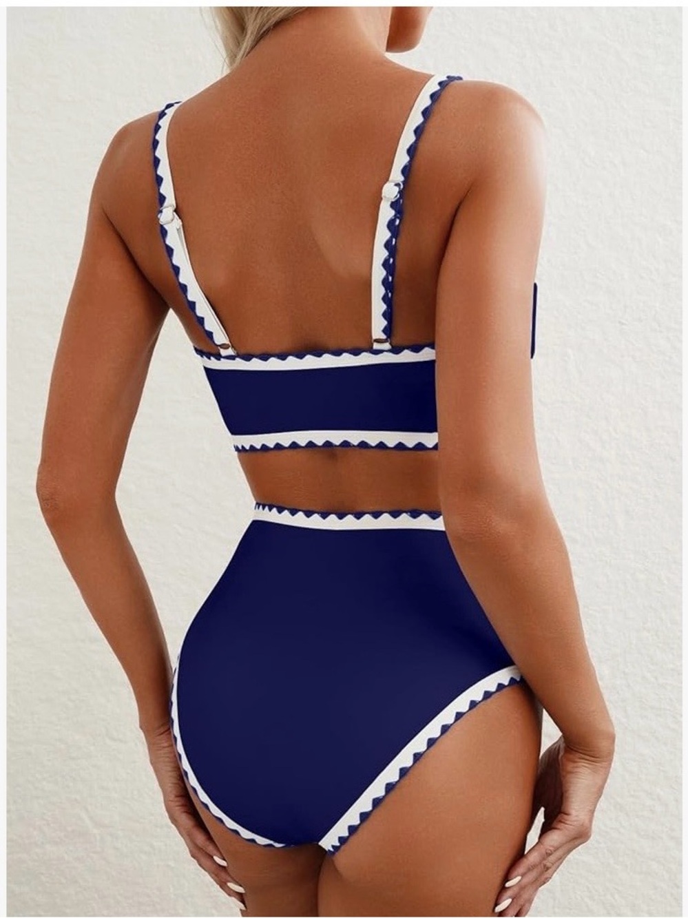 Navy Blue High-Waist Two-Piece Bikini with White Trim